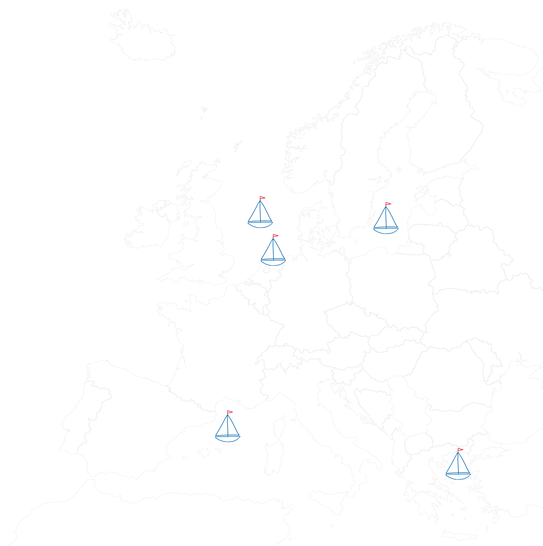 Orte, an denen ich Selgeltörns anbiete auf einer Karte: Ijsselmeer, Ostsee, Nordsee, Mittelmeer